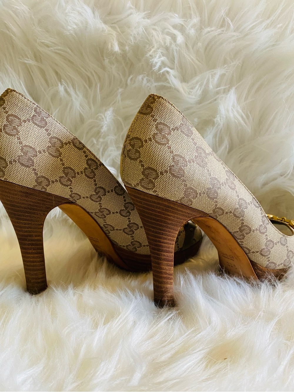 🛍️Gucci Authentic Horsebit Canvas Peep-Toe Pumps & All Original Packaging - Picture 5 of 17